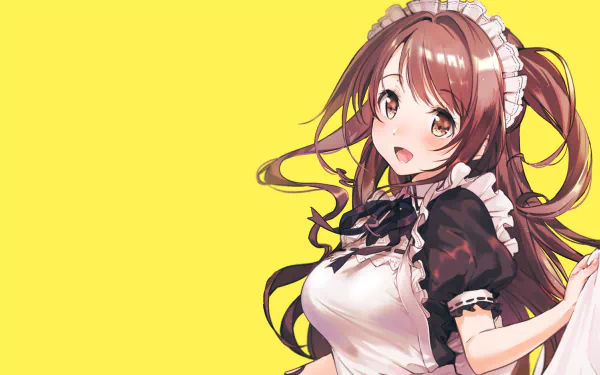Anime-style HD desktop wallpaper of Uzuki Shimamura from The iDOLM@STER Cinderella Girls, featuring her smiling with long brown hair in a maid outfit against a yellow background.
