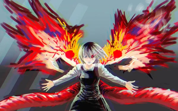 HD anime desktop wallpaper featuring Ichika Kaneki from Tokyo Ghoul:re, showcasing dynamic red kagune wings against a dark background.