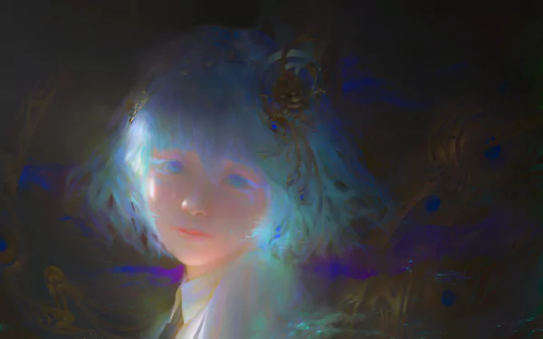 Ethereal anime portrait of Diamond (Land of the Lustrous), soft blue-green hair and glowing face against a dark, starry backdrop — 8K Ultra HD PC desktop wallpaper/background.