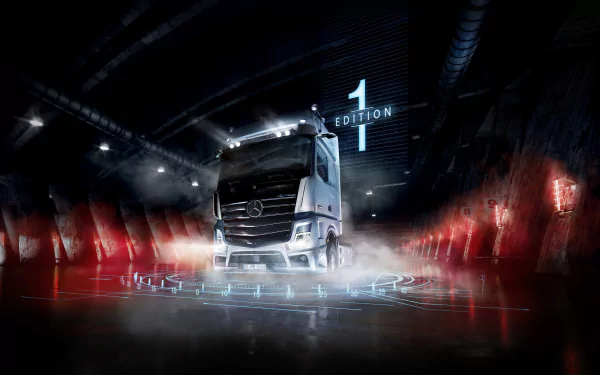 A striking 4K Ultra HD wallpaper featuring a Mercedes-Benz Actros truck illuminated in a dramatic, futuristic tunnel setting, highlighting the #1 Edition branding.