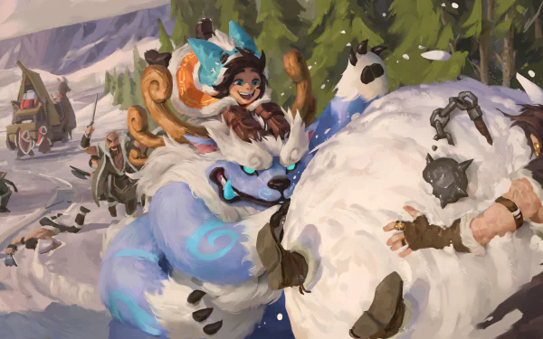 4K Ultra HD League of Legends wallpaper featuring Nunu riding Willump amid a snowy battle scene, showcasing dynamic action in the video game universe.