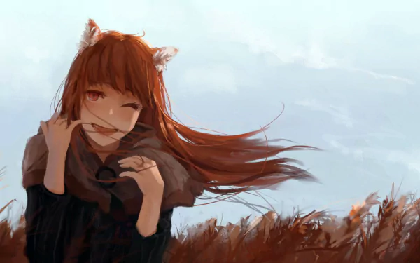 Anime-style HD desktop wallpaper featuring Holo from Spice and Wolf with flowing red hair, fox ears, and a wheat field background under a cloudy sky.
