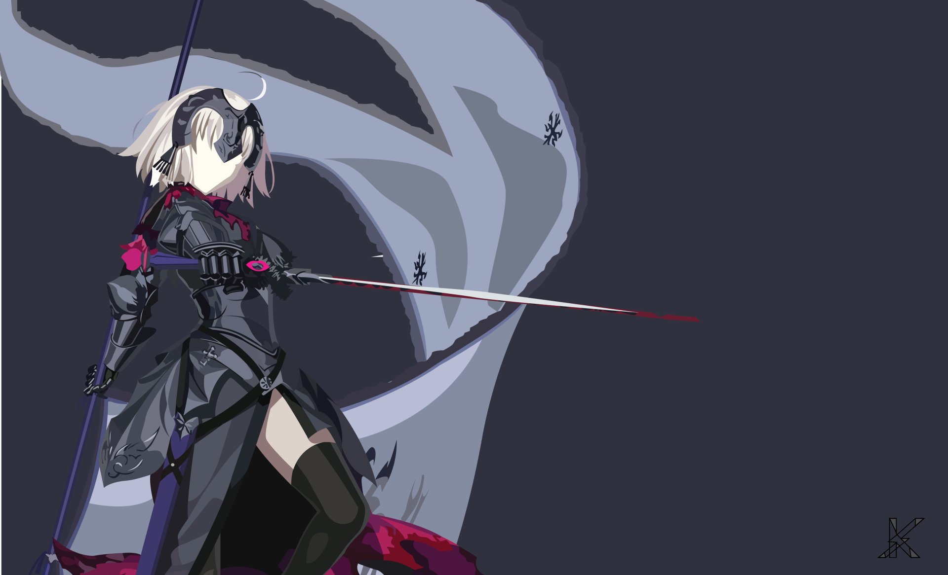 4K Ultra HD anime wallpaper featuring Jeanne d'Arc Alter from Fate/Grand Order as the Avenger class, wielding a sword with a dramatic dark background.