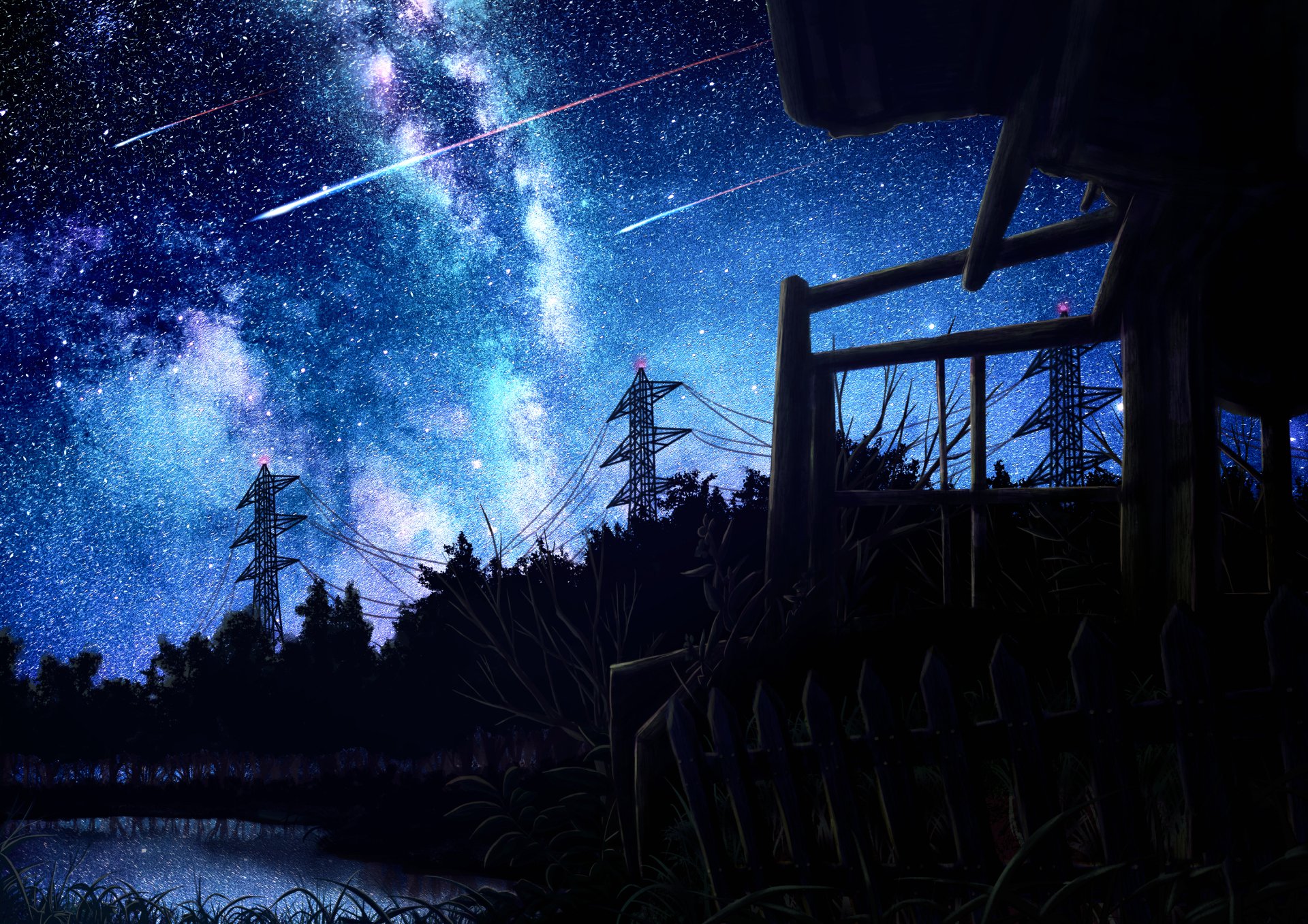 Anime Night Under a Starry Sky with Shooting Stars – HD Wallpaper by クメ ...