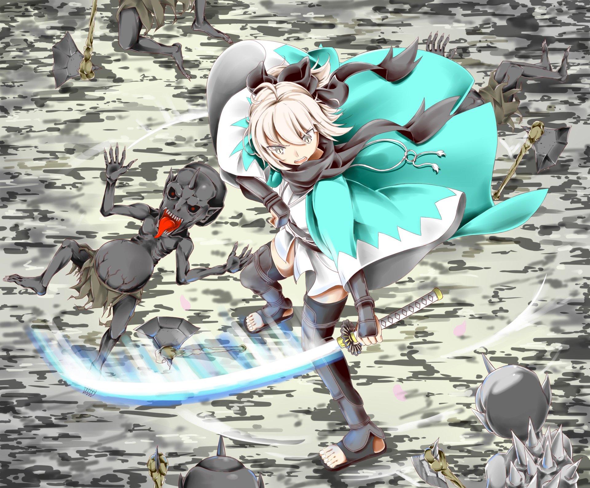 Okita Sōji (Saber, Fate/Grand Order) strikes with a glowing sword over a shattered battlefield — anime 2K Quad HD PC desktop wallpaper/background.