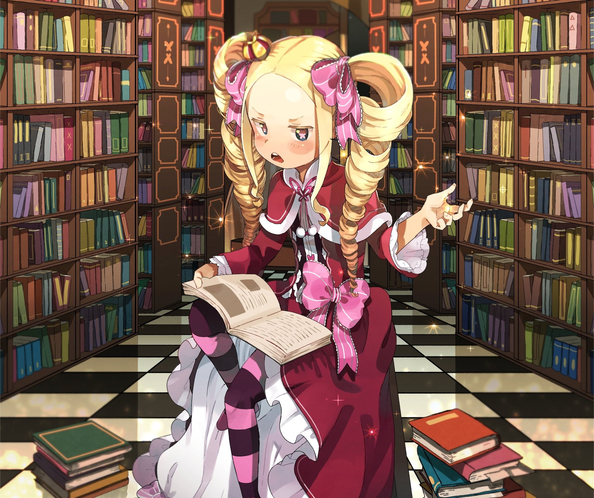 Beatrice (Re:ZERO) from Re:Zero - Starting Life in Another World sits amid tall bookshelves reading an open book — HD anime PC desktop wallpaper/background.