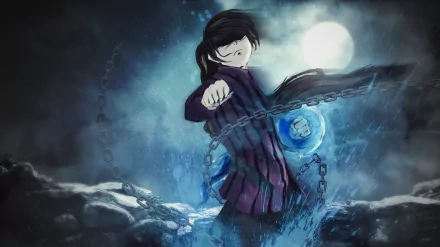 HD desktop wallpaper featuring Twenty-Fifth Baam from the anime Tower of God, depicting him standing amidst swirling chains with a moonlit sky in the background.