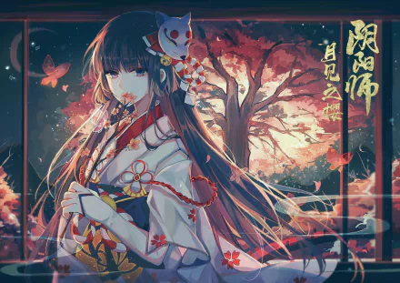 HD PC wallpaper featuring Yuki Onna from Onmyouji, depicted in anime style with flowing dark hair, traditional attire, and a backdrop of a glowing, mystical tree.
