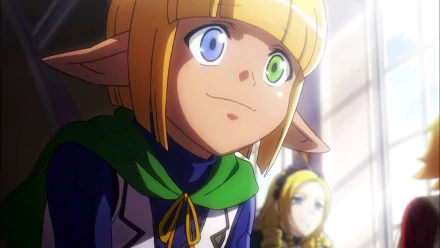 HD PC desktop wallpaper of Mare Bello Fiore (Overlord) — anime elf with heterochromia, one blue eye and one green, smiling in a sunlit room