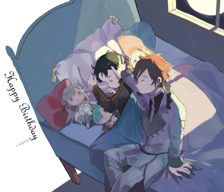 HD anime wallpaper featuring Subaru Natsuki, Reinhard van Astrea, Emilia, Beatrice, and Rem from Re:Zero, peacefully sleeping together with a doll and a Happy Birthday message.