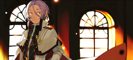 HD PC desktop wallpaper of Julius Juukulius (Re:Zero), purple hair and yellow eyes, wearing an ornate coat before sunlit cathedral windows.