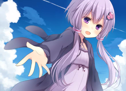 HD anime desktop wallpaper featuring Yuzuki Yukari from Vocaloid, reaching out with a bright blue sky and clouds in the background.