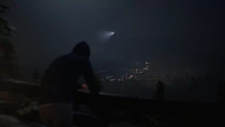 HD PC desktop wallpaper from the video game Life Is Strange 2, depicting a nighttime scene with a character overlooking a city illuminated by distant lights.