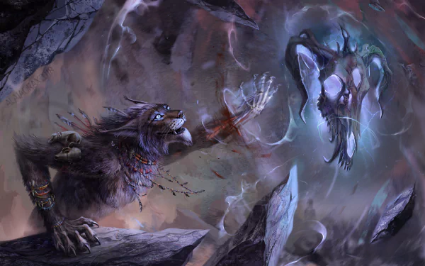 HD fantasy desktop wallpaper depicting a fierce spirit creature reaching toward a floating, glowing skull in a dark, mystical environment.