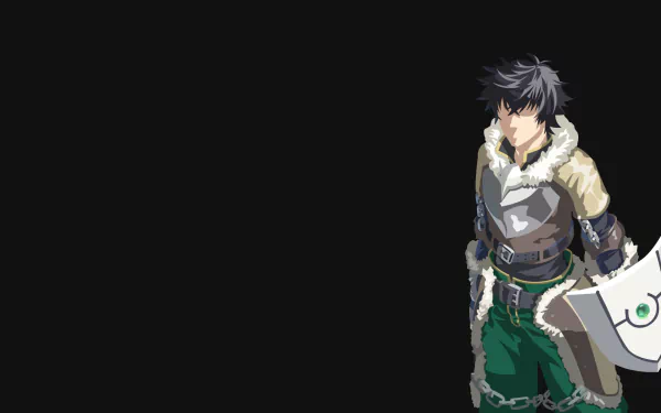 HD desktop wallpaper and background featuring Naofumi Iwatani from the anime The Rising of the Shield Hero, with a dark minimalist theme highlighting the character's detailed design.
