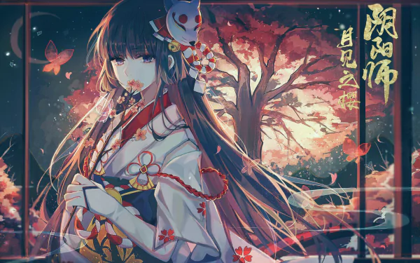 HD PC wallpaper featuring Yuki Onna from Onmyouji, depicted in anime style with flowing dark hair, traditional attire, and a backdrop of a glowing, mystical tree.