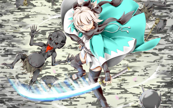 Okita Sōji (Saber, Fate/Grand Order) strikes with a glowing sword over a shattered battlefield — anime 2K Quad HD PC desktop wallpaper/background.