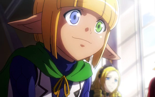 HD PC desktop wallpaper of Mare Bello Fiore (Overlord) — anime elf with heterochromia, one blue eye and one green, smiling in a sunlit room