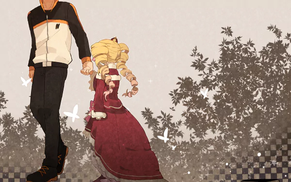 HD anime desktop wallpaper featuring Subaru Natsuki and Beatrice from Re:Zero – Starting Life in Another World, with muted background and subtle nature elements.