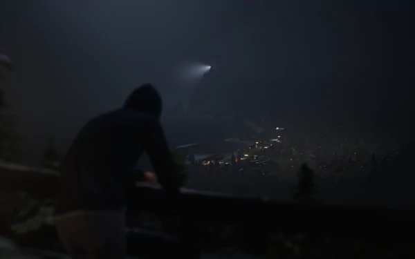 HD PC desktop wallpaper from the video game Life Is Strange 2, depicting a nighttime scene with a character overlooking a city illuminated by distant lights.