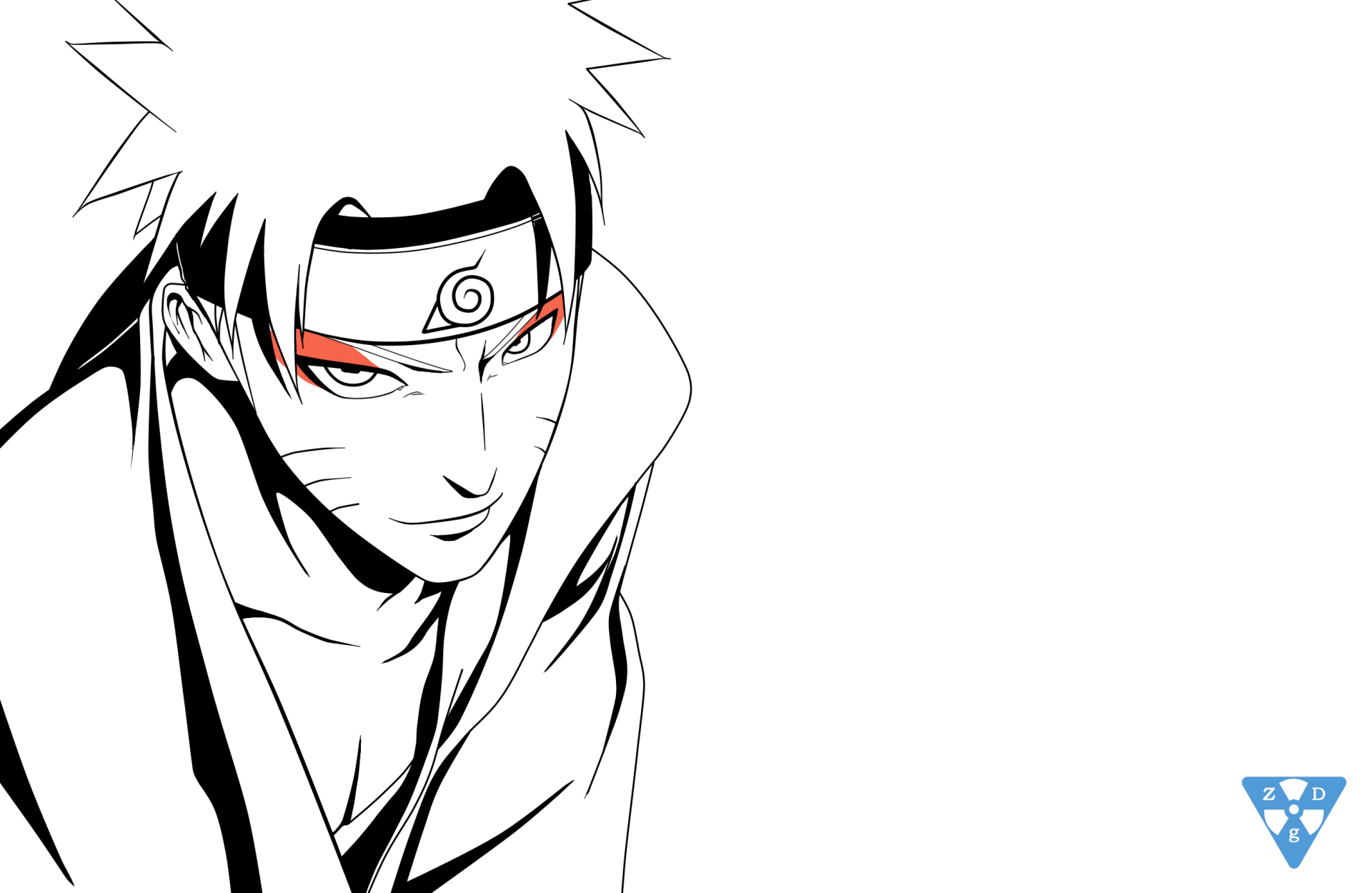 2K Quad HD PC wallpaper of Naruto Uzumaki (anime): only his glowing orange-red eyes pierce a black background, small triangular logo at the lower-right.