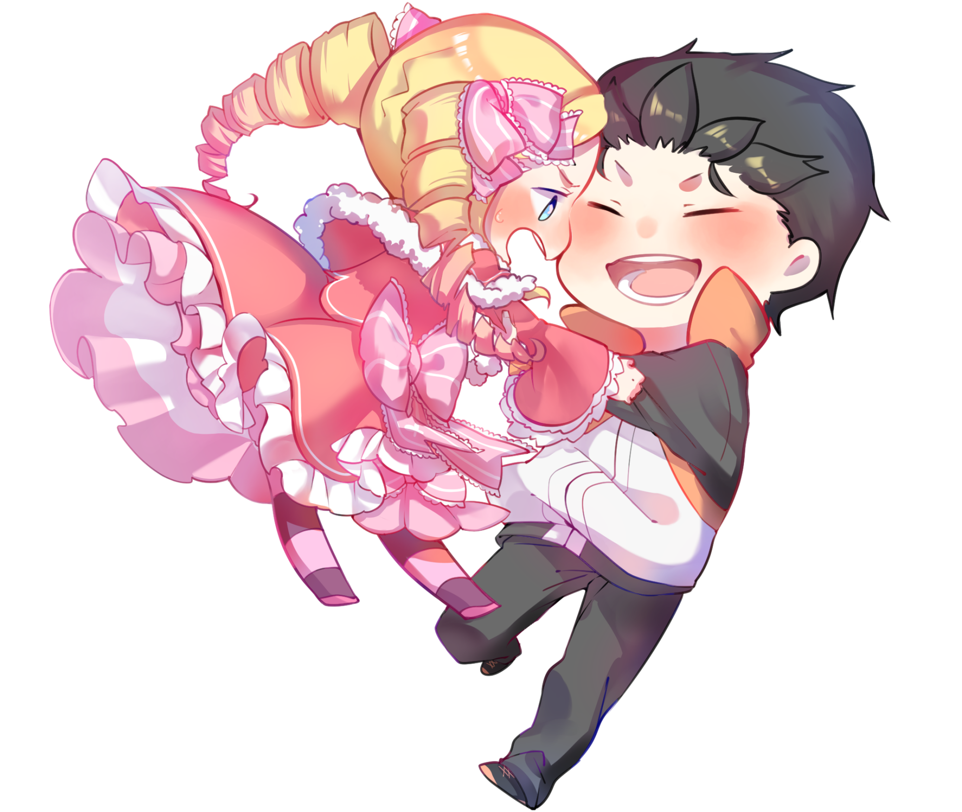 Chibi Subaru Natsuki joyfully hugging chibi Beatrice from Re:Zero — anime HD PC desktop wallpaper/background for Re:Zero - Starting Life in Another World.