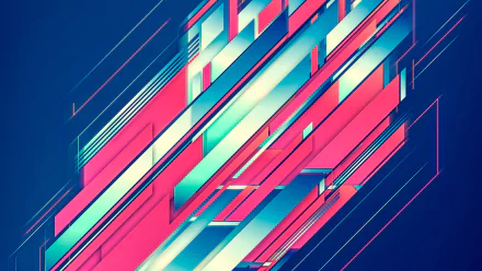 Artistic digital HD PC desktop wallpaper featuring vibrant geometric shapes and angled lines in teal and pink on a deep blue background.