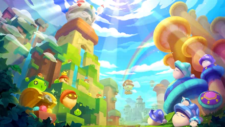 HD desktop wallpaper of MapleStory 2 featuring vibrant, colorful game characters and a whimsical fantasy landscape.