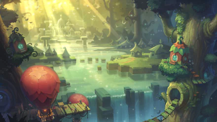 HD MapleStory 2 wallpaper depicting a serene, fantastical forest landscape with whimsical structures and a glowing atmosphere.