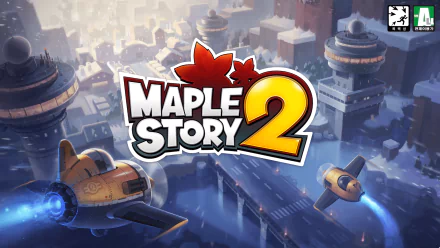 HD desktop wallpaper featuring the logo of MapleStory 2 with a cityscape background and flying vehicles.
