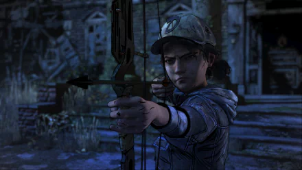 Clementine from The Walking Dead: The Final Season draws a bow in a dark ruined street — HD PC desktop wallpaper/background from the video game.