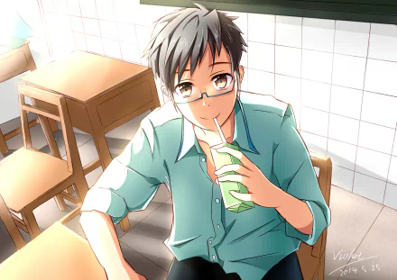 glasses brown eyes black hair drinking Anime boy anime boy HD Desktop Wallpaper | Background Image