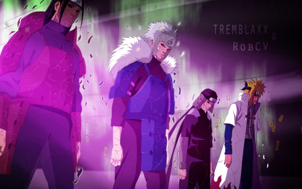 HD PC desktop wallpaper of Naruto's Hokage: Hashirama and Tobirama Senju, Hiruzen Sarutobi, and Minato Namikaze standing in a dramatic purple-lit anime scene.