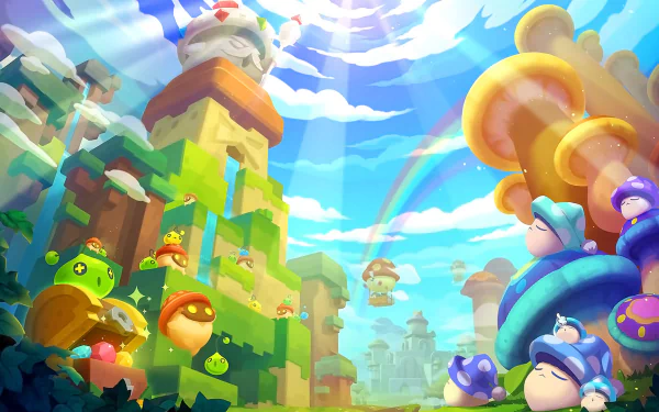 HD desktop wallpaper of MapleStory 2 featuring vibrant, colorful game characters and a whimsical fantasy landscape.