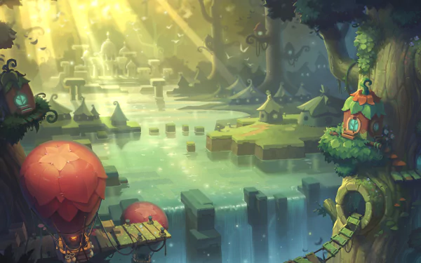 HD MapleStory 2 wallpaper depicting a serene, fantastical forest landscape with whimsical structures and a glowing atmosphere.