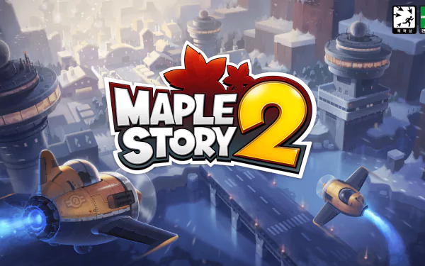 HD desktop wallpaper featuring the logo of MapleStory 2 with a cityscape background and flying vehicles.