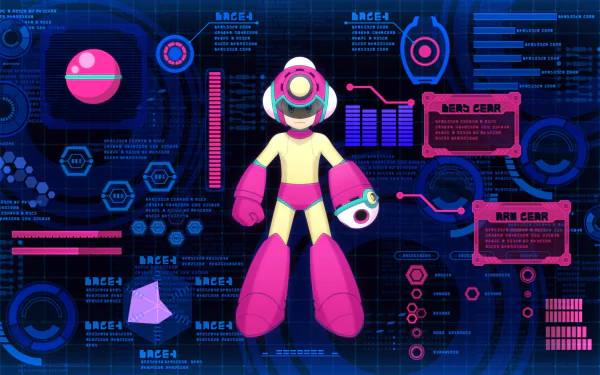 HD desktop wallpaper featuring Mega Man from Mega Man 11, presented against a futuristic, tech-themed backdrop.