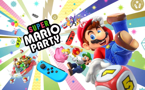 HD wallpaper of Super Mario Party featuring Mario with characters and Joy-Con controllers in a vibrant, celebratory background.