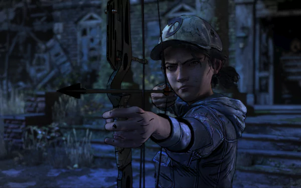 Clementine from The Walking Dead: The Final Season draws a bow in a dark ruined street — HD PC desktop wallpaper/background from the video game.