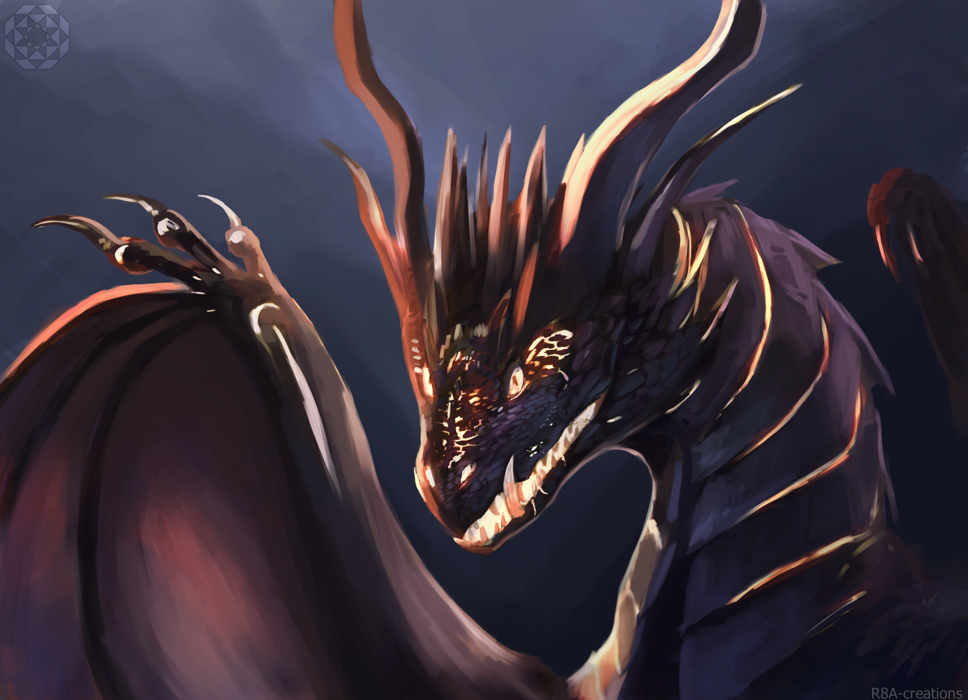 4K Ultra HD PC desktop wallpaper and background: fantasy dragon close-up — horned, dark-scaled creature with glowing eyes and spread wings against a stormy sky.