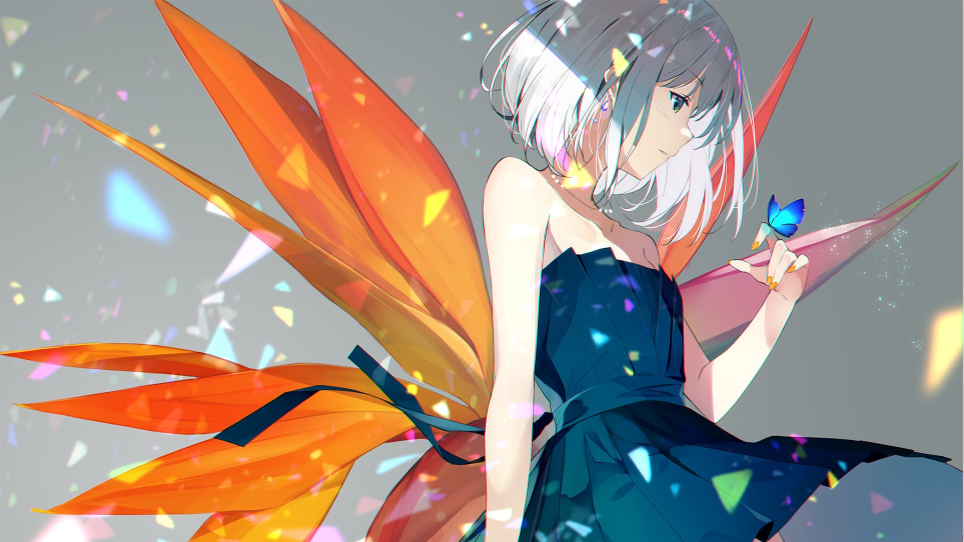 HD desktop wallpaper featuring an anime girl with short silver hair, vibrant orange wings, and a dark blue dress, holding a small blue butterfly. The background is a soft grey with colorful light fragments.