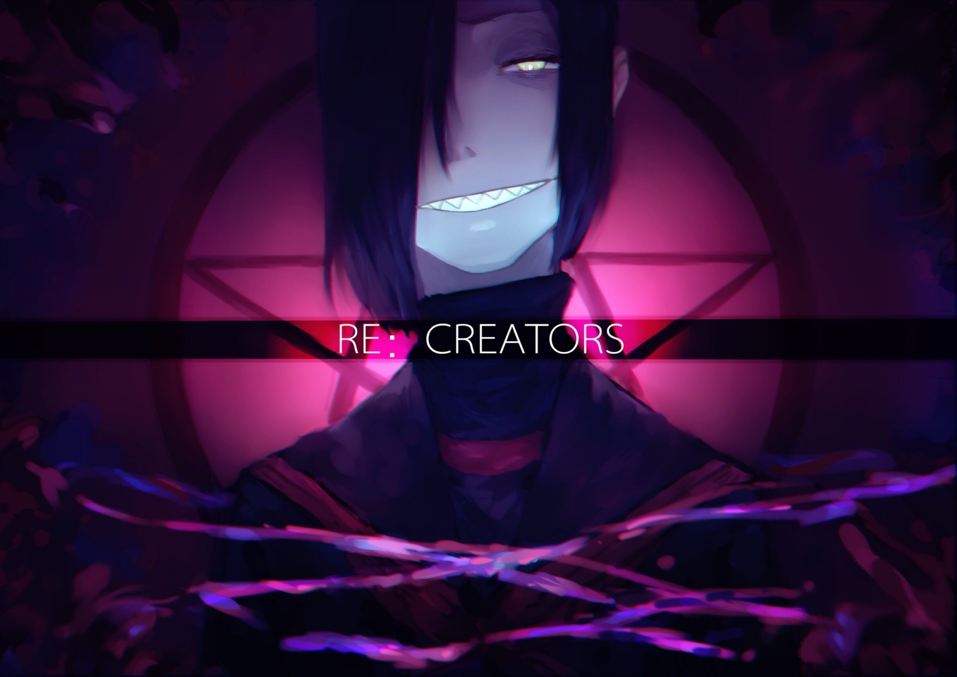Magane Chikujoin from the anime Re:Creators grinning eerily against a glowing purple-pink circle, dark hooded figure with stylized ribbons and RE: CREATORS text — HD PC desktop wallpaper
