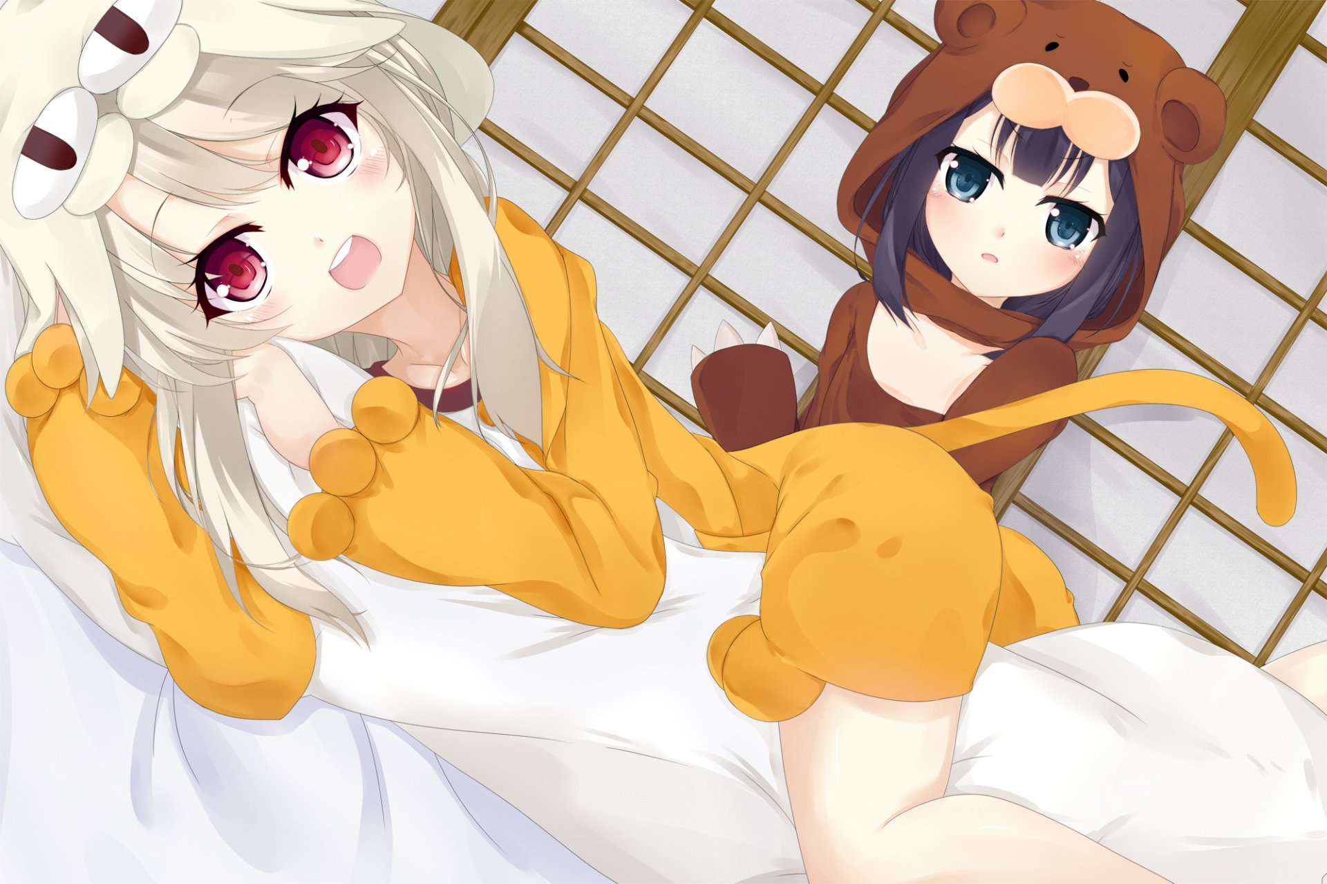 HD anime wallpaper featuring Miyu Edelfelt and Illyasviel Von Einzbern from Fate/kaleid liner Prisma Illya, with playful animal-themed outfits and bright expressions.