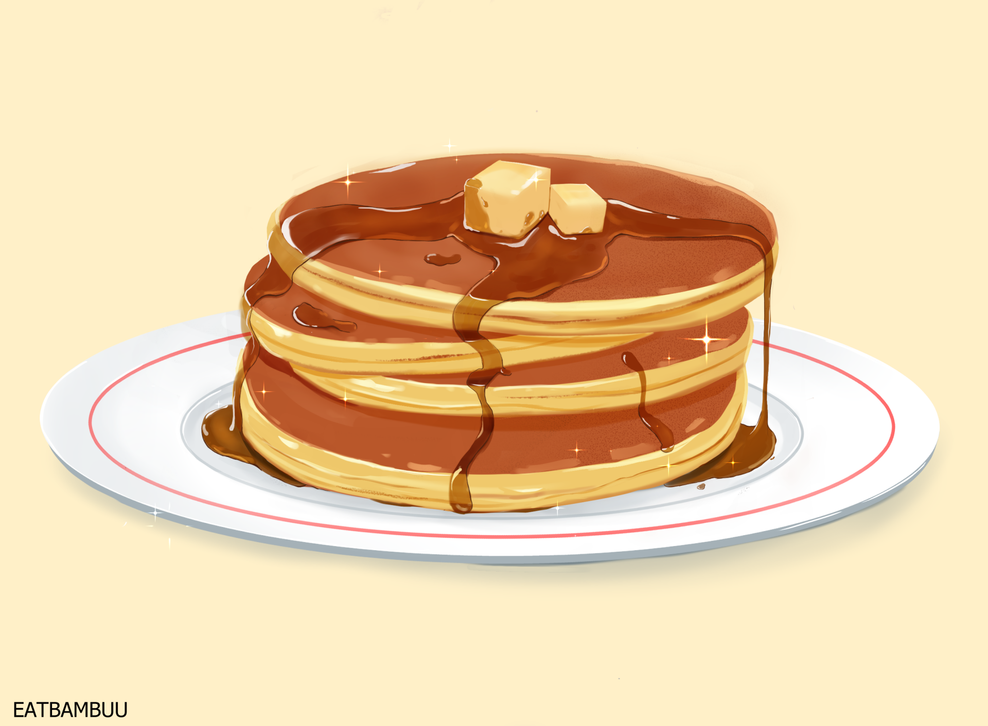 HD anime-style desktop wallpaper featuring a stack of pancakes drizzled with syrup and topped with butter on a white plate.