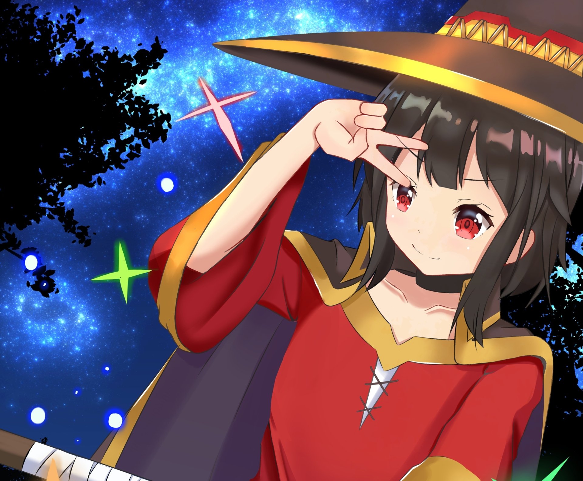 Megumin (KonoSuba) HD PC desktop wallpaper: anime portrait of the crimson-eyed wizard in her witch hat and cloak against a glittering, starry cosmic background.
