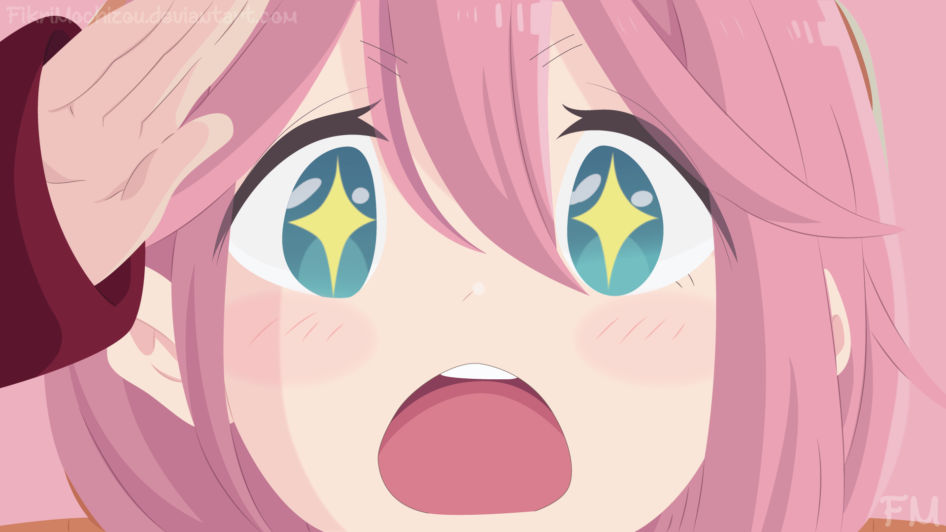 HD anime desktop wallpaper featuring Nadeshiko Kagamihara from Laid-Back Camp with sparkling eyes and pink hair, capturing a joyful and expressive moment.