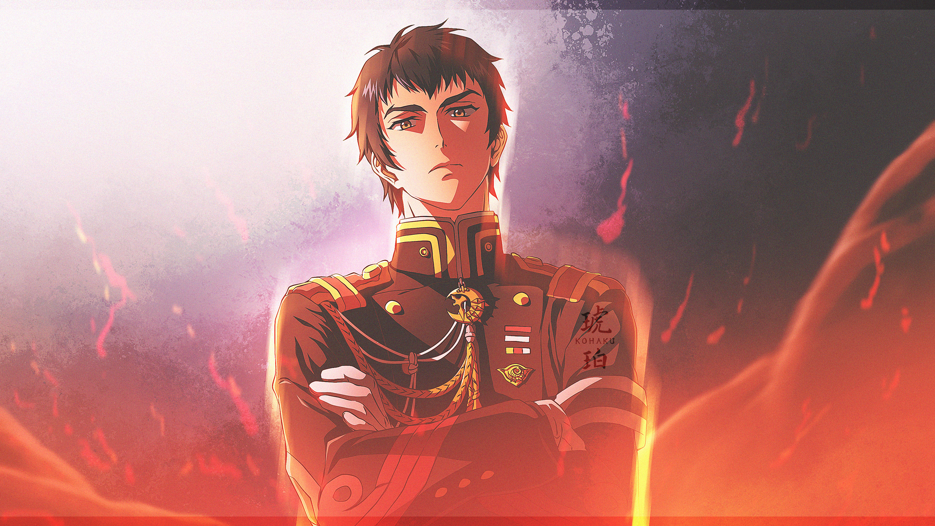 Kureto Hīragi from Seraph of the End — anime HD PC desktop wallpaper: stern officer in ornate red uniform, arms crossed amid glowing embers and dramatic lighting.