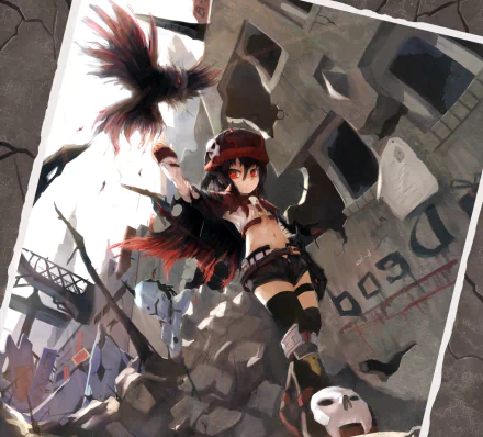 Anime-style original vampire character with dark wings and red eyes stands amidst a shattered urban background, designed as a HD PC desktop wallpaper.