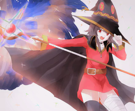 Megumin from KonoSuba - God’s blessing on this wonderful world!! casting a spell in her red outfit and witch hat, staff raised, cloak billowing — 4K Ultra HD anime PC wallpaper.