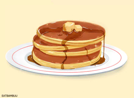 HD anime-style desktop wallpaper featuring a stack of pancakes drizzled with syrup and topped with butter on a white plate.